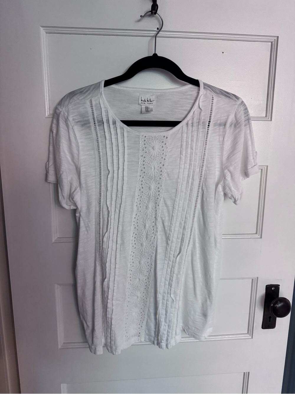Nicole Miller White Short Sleeve Tee with Lace & Pintuck Detail